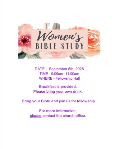Women's Bible Study event flyer with date, time, and location details.
