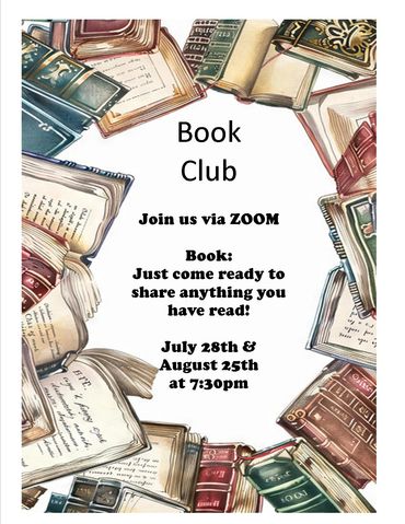 Book Club Zoom meetings on July 28th and August 25th.