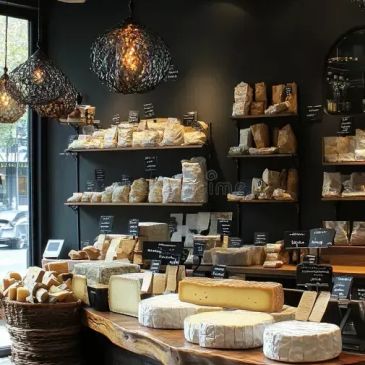 Artisan cheese and bread shop interior with rustic display.