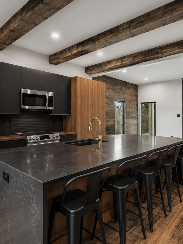 Modern kitchen with wood beams, black countertops, and metal bar stools.