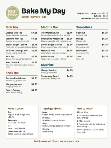 Menu for Bake My Day featuring drinks like Milk Tea, Matcha Bar, Smoothies, Fruit Tea, Slushies, and customizable options.