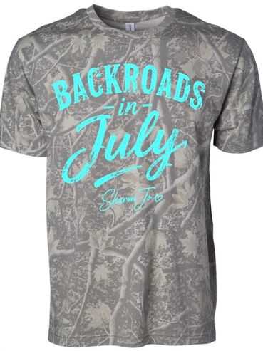 Gray camouflage T-shirt with blue text 'Backroads in July'.