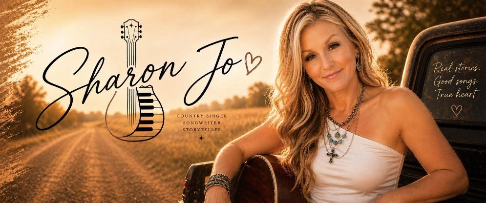 Country singer Sharon Jo poses with a guitar in a warm, rustic outdoor setting.