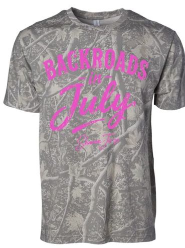 Gray camouflage t-shirt with pink text reading 'Backroads in July'.