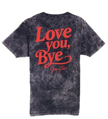 Black tie-dye shirt with red text saying 'Love you, Bye'.
