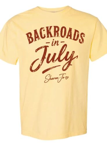 Yellow t-shirt with "Backroads in July" text.