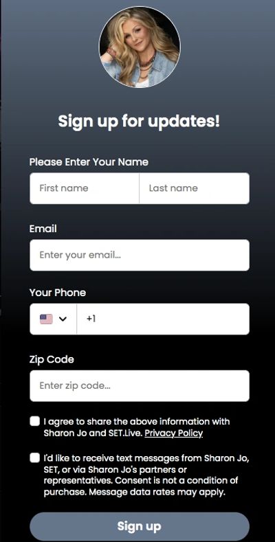 Sign-up form for updates with name, email, phone, and zip code fields.