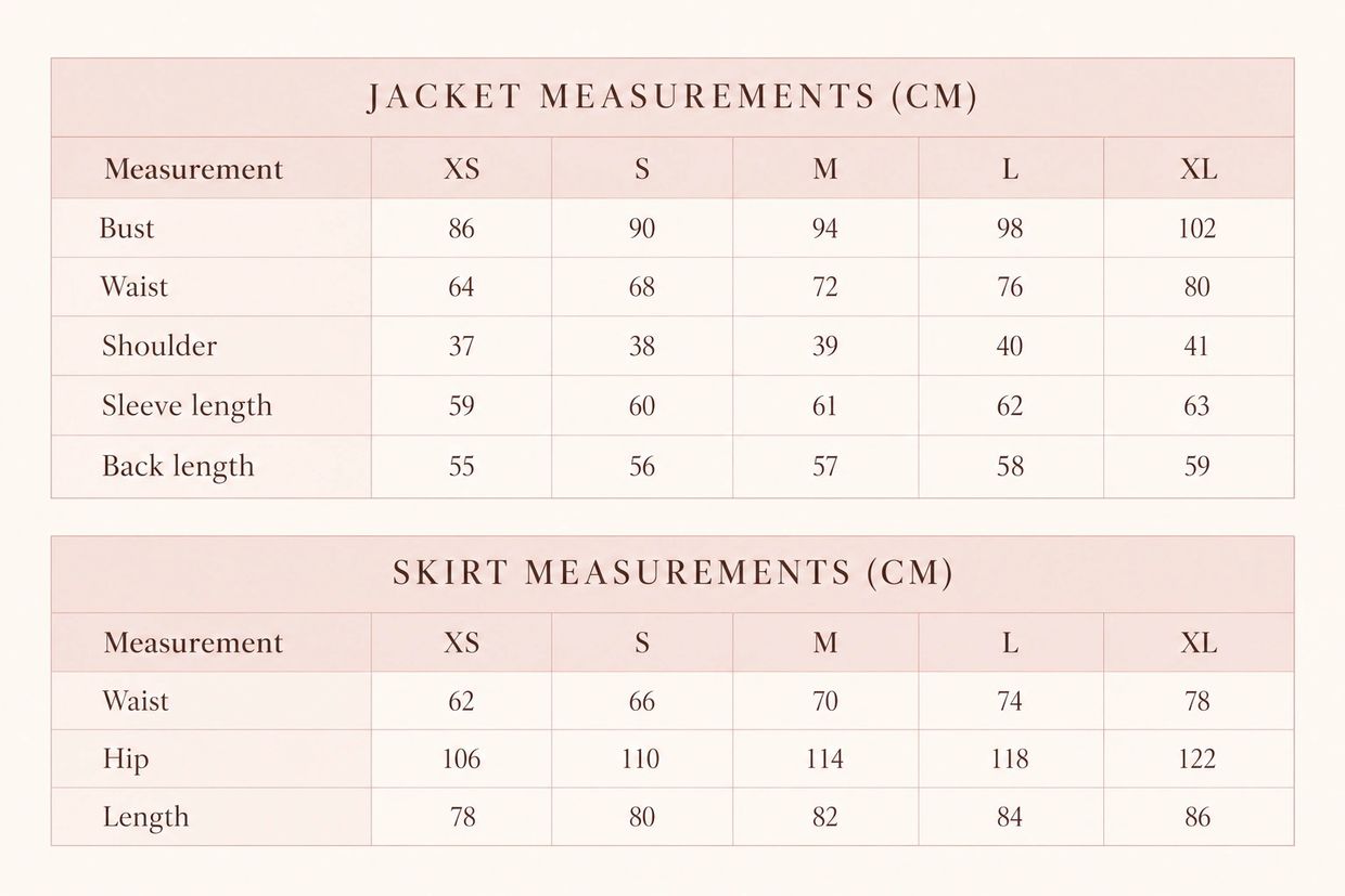 Jacket and skirt measurements chart in cm for sizes XS to XL.