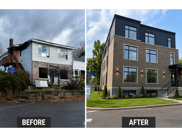 Before-and-after images of a house renovation.tion