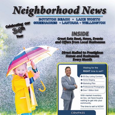 A child in a yellow raincoat with a colorful umbrella featured in a neighborhood news flyer.