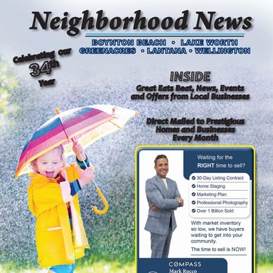 A child in a yellow raincoat with a colorful umbrella featured in a neighborhood news flyer.