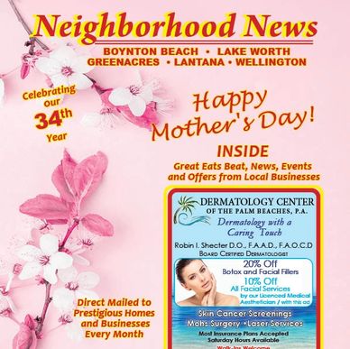 Mother's Day themed neighborhood news promoting local businesses and events.