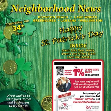 St. Patrick's Day themed Neighborhood News celebrating 34 years with local business offers.
