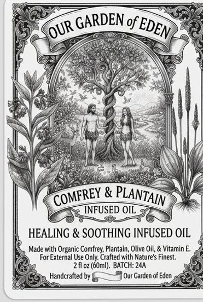 Vintage-style label of our Garden of Eden infused oil.