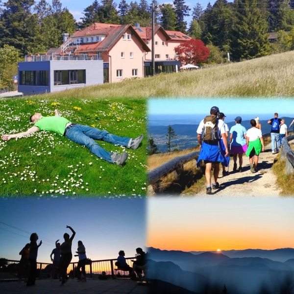 Collage of outdoor activities including hiking, relaxing in nature, and enjoying sunset views.