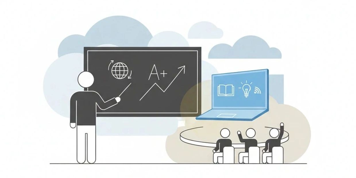 Illustration of a teacher using both a blackboard and a laptop to teach students.