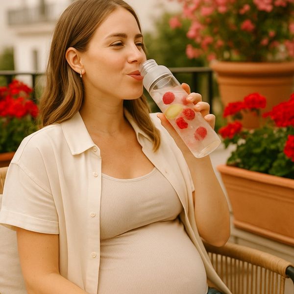 A pregnant woman drinking a SKOOPED MAMA hydration electrolyte blend flavoured raspberry and ginger
