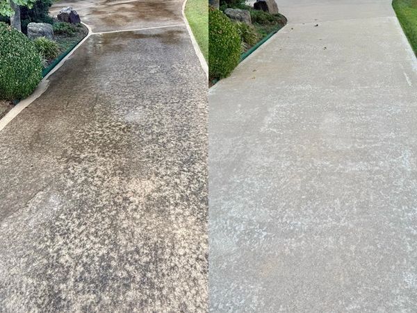 Side-by-side comparison of a driveway before and after cleaning.