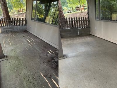 Before and after pressure washing a patio area.