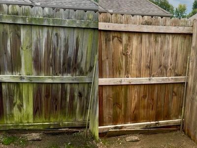 Before and after washing a wooden fence.
