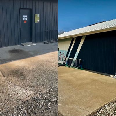 Picture of a concrete pad before and after oil stains were pressure washed off the surface.
