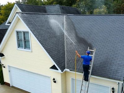 A guy standing on a ladder soft washing a roof on top of a house.