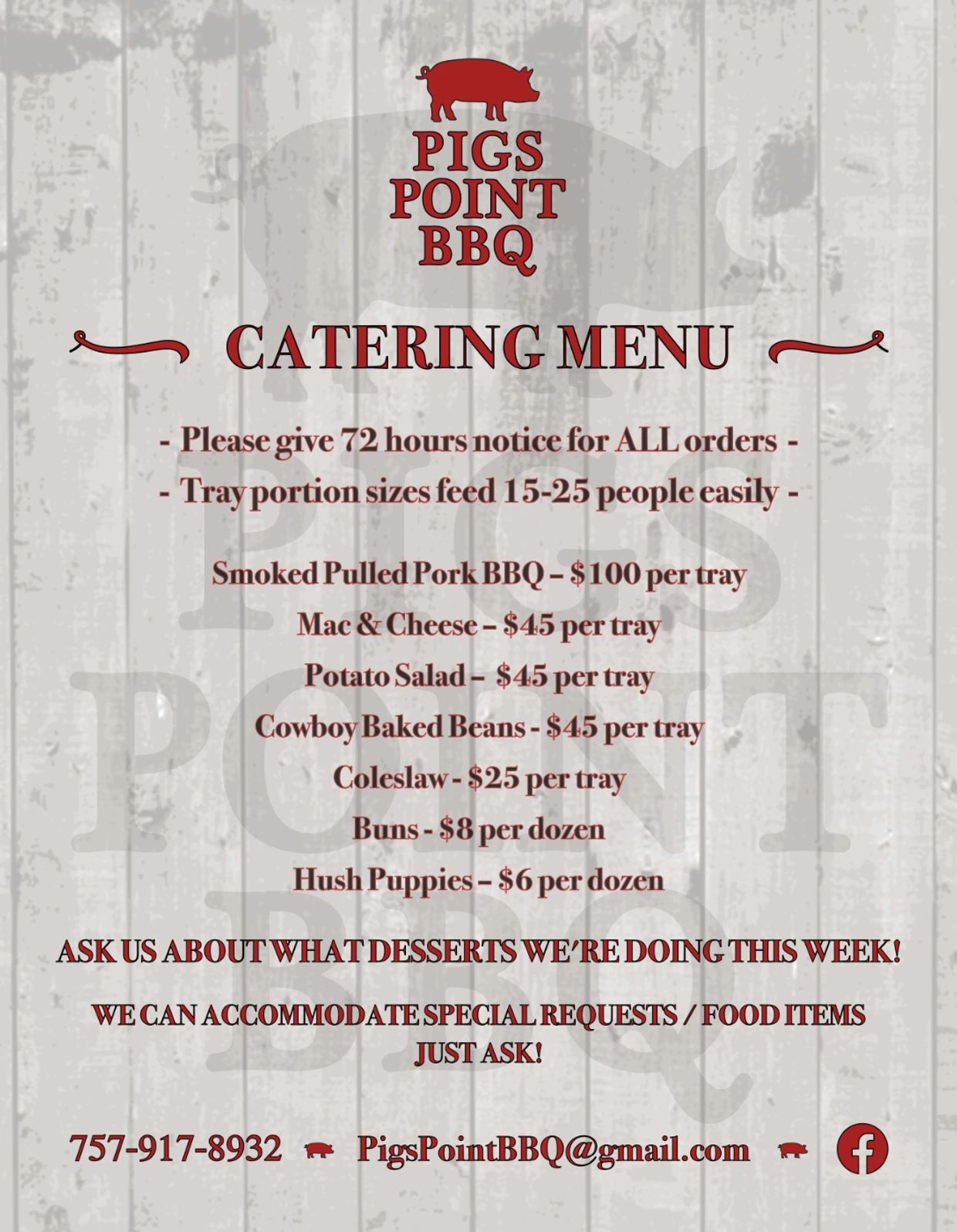 Pigs Point BBQ catering menu with prices and contact info.