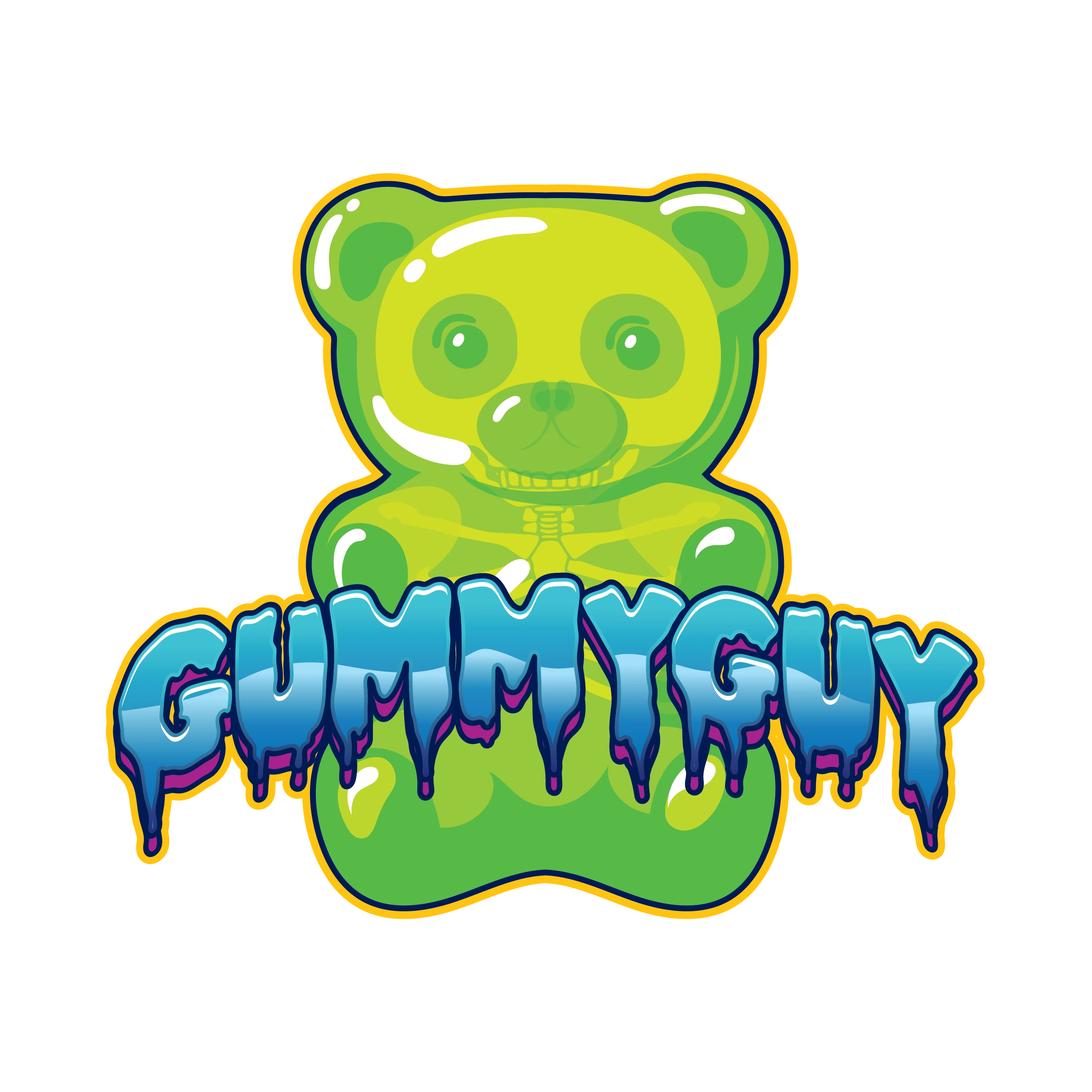 GummyGuy gummy bears logo with bold, colorful text and a neon green gummy bear with skeleton