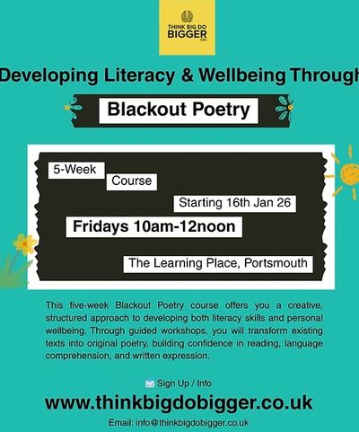 Flyer for a 5-week Blackout Poetry course starting January 16th in Portsmouth.