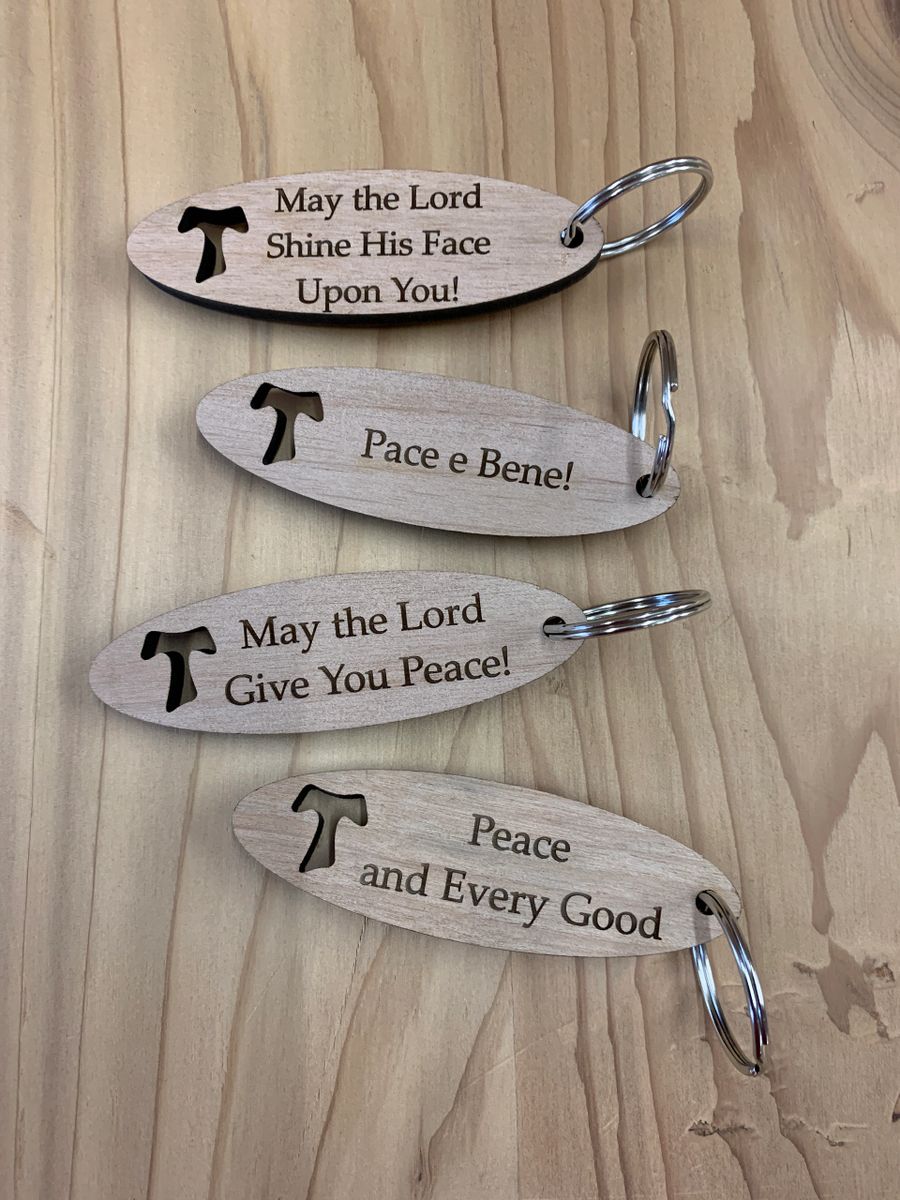 4 Assorted Wood Laser Engraved Franciscan Key Rings