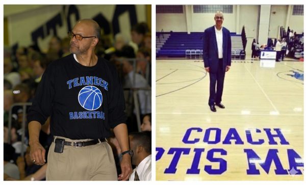 Two images of a basketball coach in different settings.