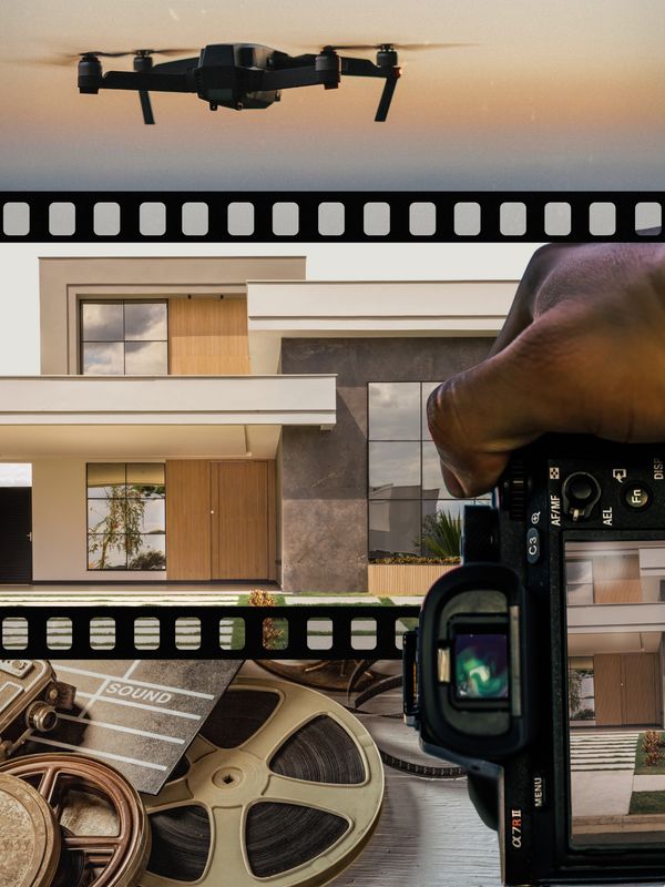 A photographer captures a modern house with a drone and vintage film reels.