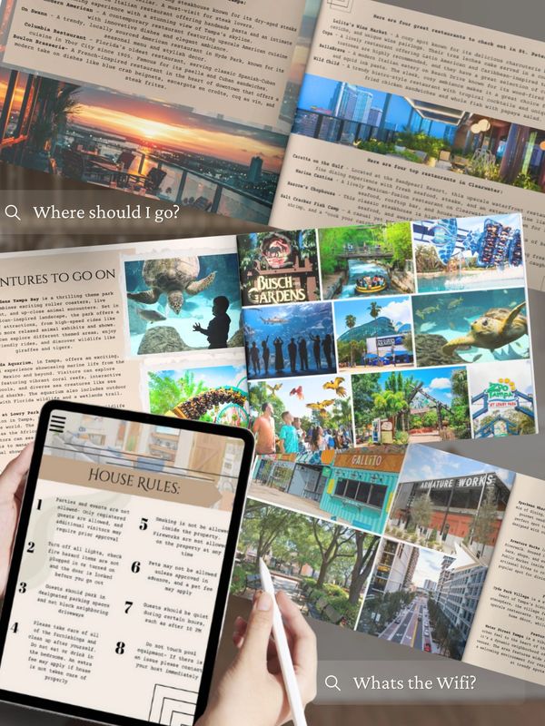 Travel brochures and house rules displayed with questions about destinations and WiFi.