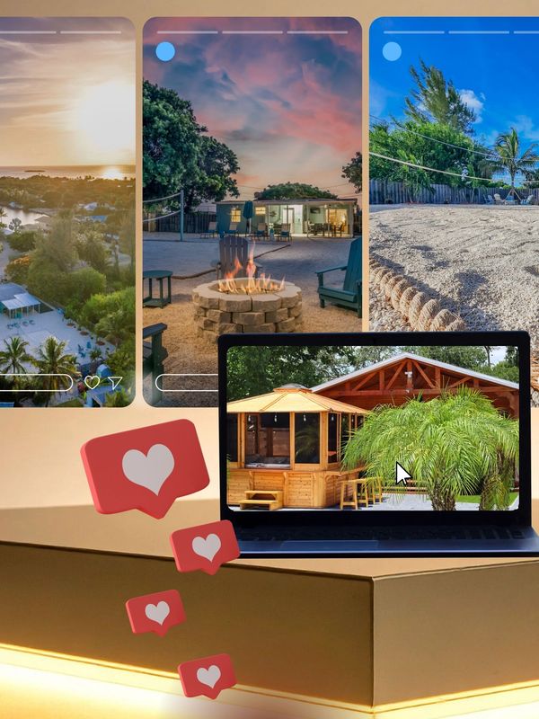 A laptop showing a wooden gazebo with social media likes and scenic outdoor posts in the background.