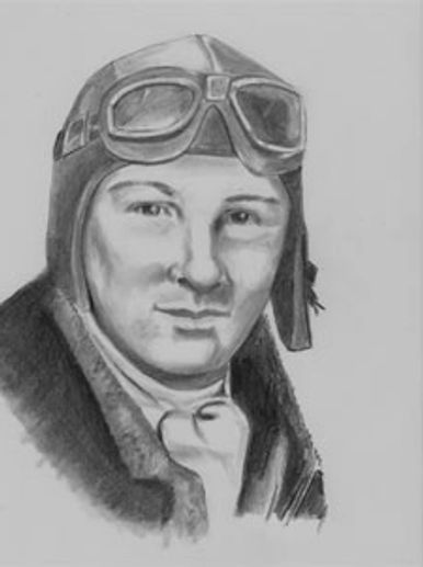 Black-and-white sketch of a pilot wearing vintage goggles and headgear.