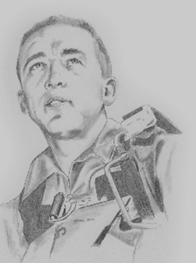 Pencil sketch of a man in a jacket looking upward.
