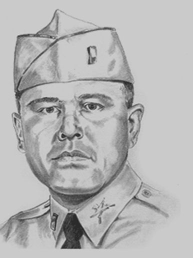 Pencil sketch of a serious military officer in uniform and cap.