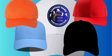 Five colorful baseball caps surrounding a logo.