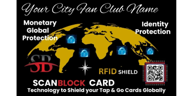Advertisement for an RFID shield card to protect global tap and go cards.