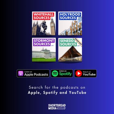 Promotional image for political podcasts available on Apple, Spotify, and YouTube.