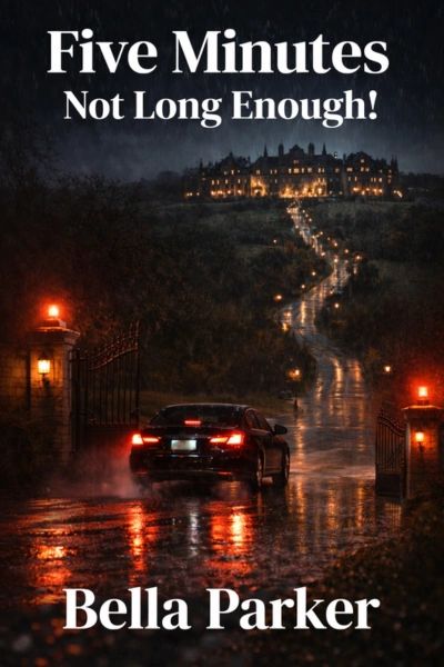 A car drives up a rainy, illuminated path to a large mansion at night.