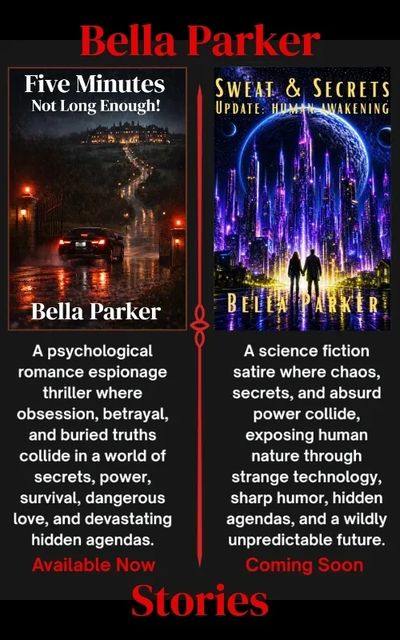 Book covers of Bella Parker's psychological thriller and sci-fi satire novels.