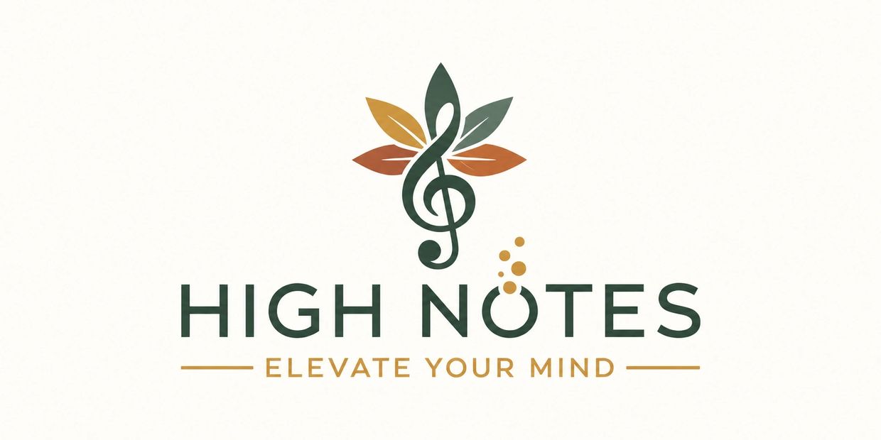 Logo with musical treble clef and leaves, text 'High Notes' and slogan.
