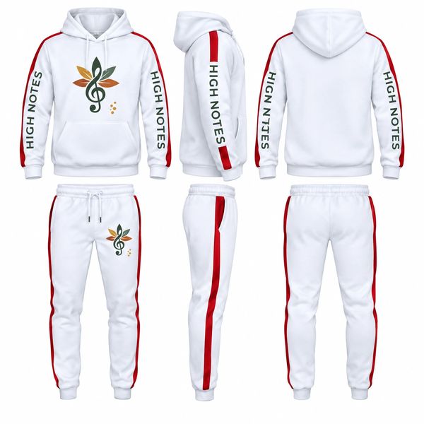 White hoodie and sweatpants set with red stripes and music-themed design.