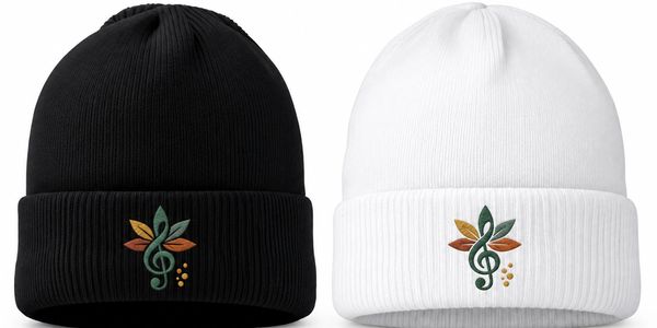 Black and white beanies with colorful treble clef logo.