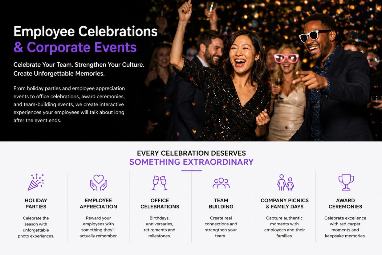 Holiday Party Photo Booth
Employee Appreciation Ideas
Company Party Entertainment
Team Building Acti