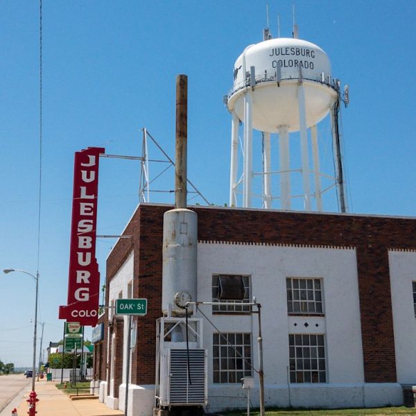 Water tower and sign in Julesburg, Colorado.