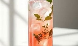 Tall glass of pink iced drink with herbs inside.