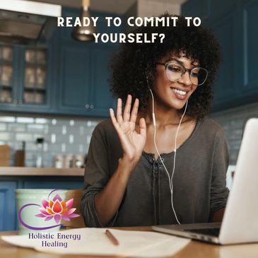 Woman smiling and waving during a video call, promoting self-commitment.