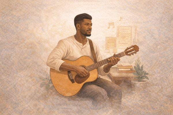 Man playing acoustic guitar indoors.
